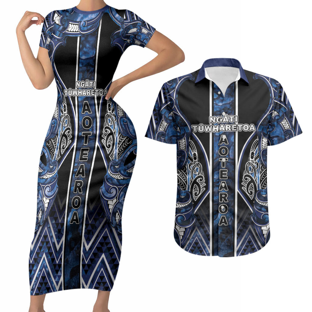 Aotearoa Tuwharetoa Couples Matching Short Sleeve Bodycon Dress and Hawaiian Shirt Maori Tribal Navy Paua Shell Pattern