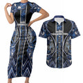 Aotearoa Tuwharetoa Couples Matching Short Sleeve Bodycon Dress and Hawaiian Shirt Maori Tribal Navy Paua Shell Pattern