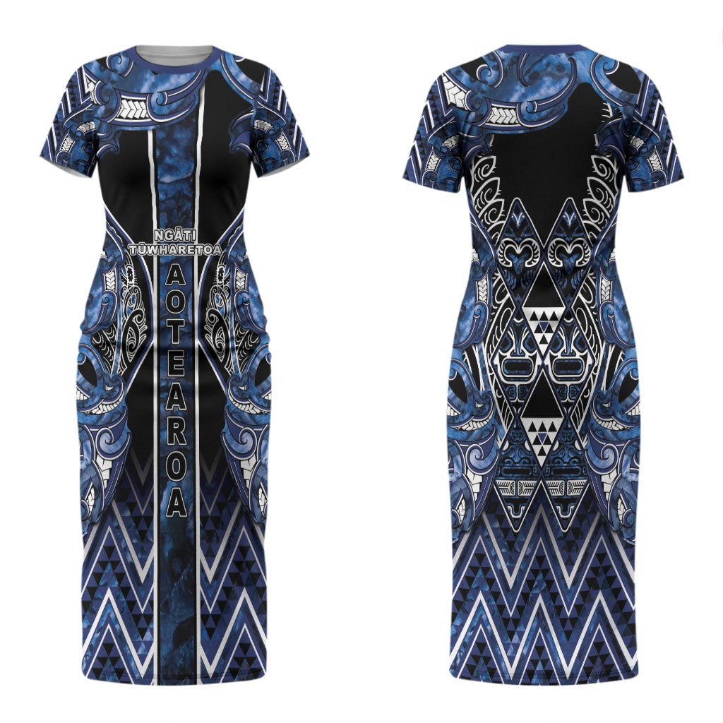 Aotearoa Tuwharetoa Couples Matching Short Sleeve Bodycon Dress and Hawaiian Shirt Maori Tribal Navy Paua Shell Pattern
