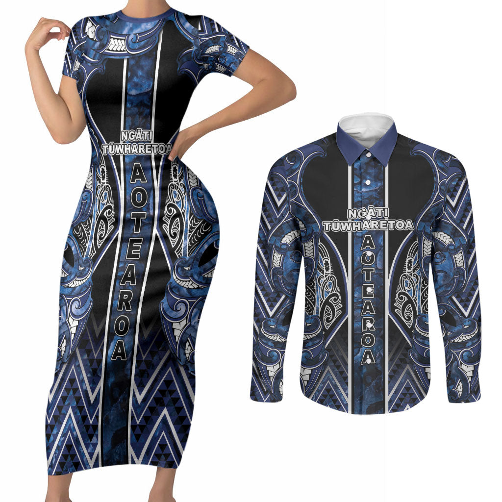 Aotearoa Tuwharetoa Couples Matching Short Sleeve Bodycon Dress and Long Sleeve Button Shirt Maori Tribal Navy Paua Shell Pattern