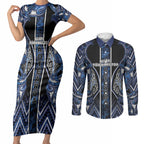 Aotearoa Tuwharetoa Couples Matching Short Sleeve Bodycon Dress and Long Sleeve Button Shirt Maori Tribal Navy Paua Shell Pattern