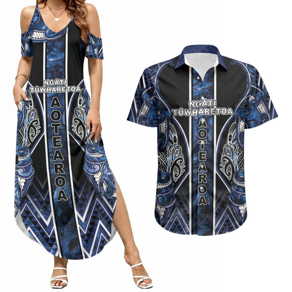 Aotearoa Tuwharetoa Couples Matching Summer Maxi Dress and Hawaiian Shirt Maori Tribal Navy Paua Shell Pattern