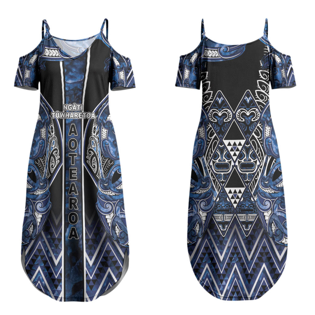 Aotearoa Tuwharetoa Couples Matching Summer Maxi Dress and Hawaiian Shirt Maori Tribal Navy Paua Shell Pattern