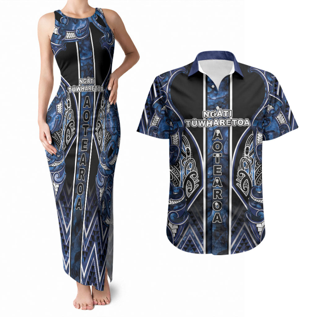 Aotearoa Tuwharetoa Couples Matching Tank Maxi Dress and Hawaiian Shirt Maori Tribal Navy Paua Shell Pattern