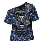 Aotearoa Tuwharetoa Cross Shoulder Shirt Maori Tribal Navy Paua Shell Pattern