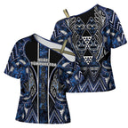 Aotearoa Tuwharetoa Cross Shoulder Shirt Maori Tribal Navy Paua Shell Pattern