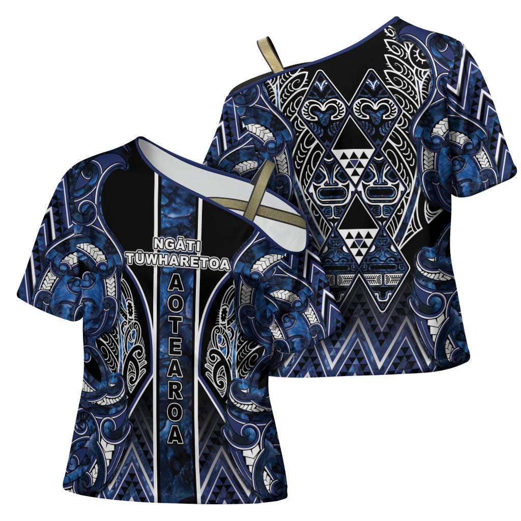 Aotearoa Tuwharetoa Cross Shoulder Shirt Maori Tribal Navy Paua Shell Pattern