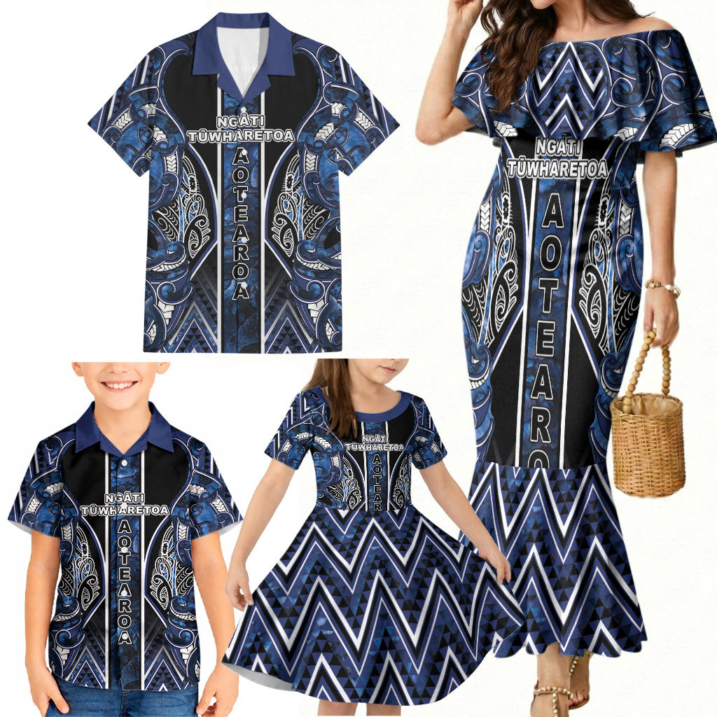 Aotearoa Tuwharetoa Family Matching Mermaid Dress and Hawaiian Shirt Maori Tribal Navy Paua Shell Pattern
