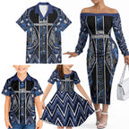 Aotearoa Tuwharetoa Family Matching Off The Shoulder Long Sleeve Dress and Hawaiian Shirt Maori Tribal Navy Paua Shell Pattern
