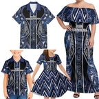 Aotearoa Tuwharetoa Family Matching Off Shoulder Maxi Dress and Hawaiian Shirt Maori Tribal Navy Paua Shell Pattern