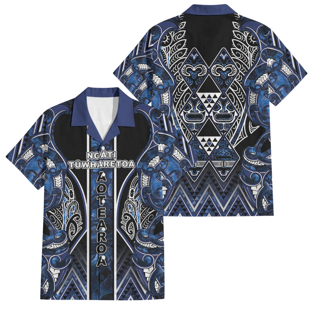 Aotearoa Tuwharetoa Family Matching Off Shoulder Maxi Dress and Hawaiian Shirt Maori Tribal Navy Paua Shell Pattern