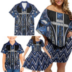 Aotearoa Tuwharetoa Family Matching Off Shoulder Short Dress and Hawaiian Shirt Maori Tribal Navy Paua Shell Pattern