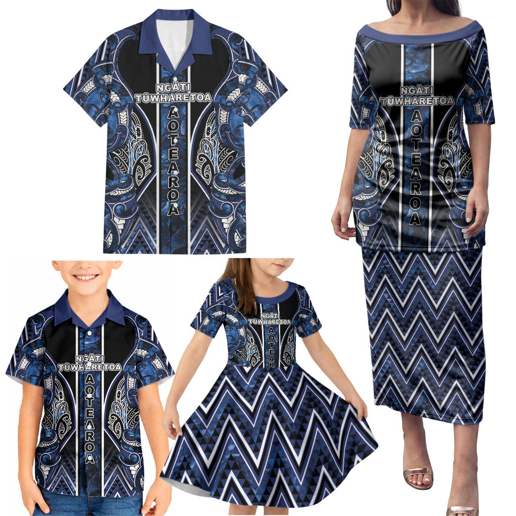 Aotearoa Tuwharetoa Family Matching Puletasi and Hawaiian Shirt Maori Tribal Navy Paua Shell Pattern