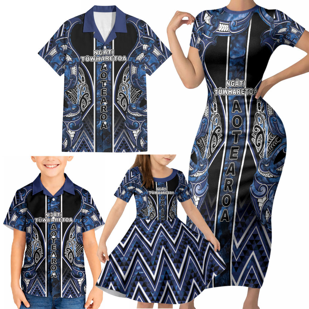 Aotearoa Tuwharetoa Family Matching Short Sleeve Bodycon Dress and Hawaiian Shirt Maori Tribal Navy Paua Shell Pattern