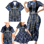 Aotearoa Tuwharetoa Family Matching Short Sleeve Bodycon Dress and Hawaiian Shirt Maori Tribal Navy Paua Shell Pattern