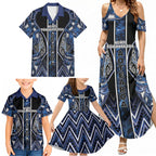 Aotearoa Tuwharetoa Family Matching Summer Maxi Dress and Hawaiian Shirt Maori Tribal Navy Paua Shell Pattern