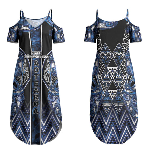 Aotearoa Tuwharetoa Family Matching Summer Maxi Dress and Hawaiian Shirt Maori Tribal Navy Paua Shell Pattern