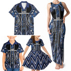 Aotearoa Tuwharetoa Family Matching Tank Maxi Dress and Hawaiian Shirt Maori Tribal Navy Paua Shell Pattern