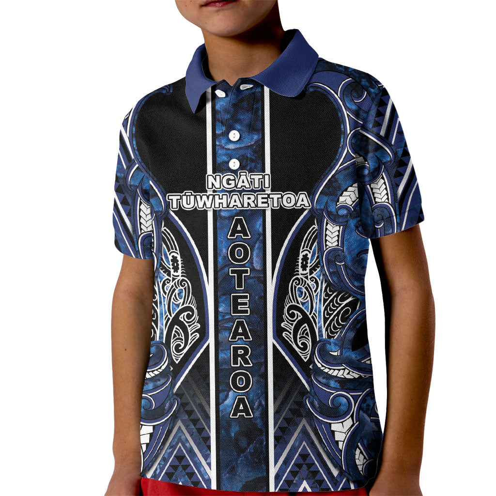 Aotearoa Tuwharetoa Kid Polo Shirt Maori Tribal Navy Paua Shell Pattern