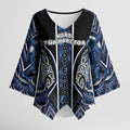 Aotearoa Tuwharetoa Kimono Sleeve Blouse Maori Tribal Navy Paua Shell Pattern