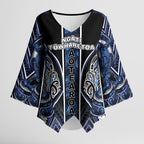 Aotearoa Tuwharetoa Kimono Sleeve Blouse Maori Tribal Navy Paua Shell Pattern