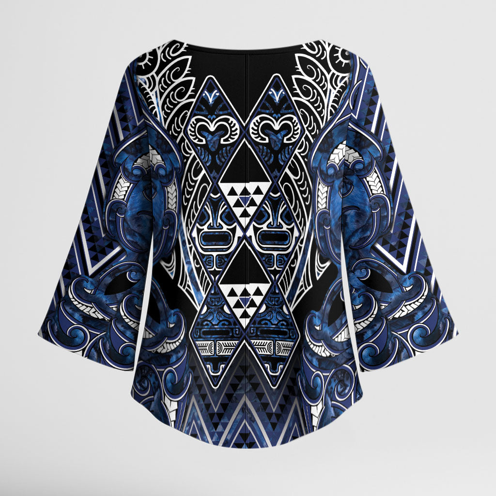 Aotearoa Tuwharetoa Kimono Sleeve Blouse Maori Tribal Navy Paua Shell Pattern