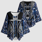 Aotearoa Tuwharetoa Kimono Sleeve Blouse Maori Tribal Navy Paua Shell Pattern