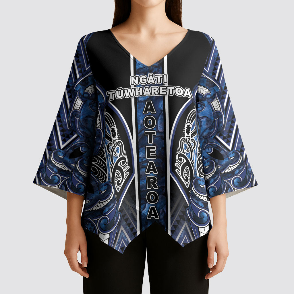 Aotearoa Tuwharetoa Kimono Sleeve Blouse Maori Tribal Navy Paua Shell Pattern