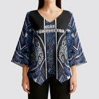 Aotearoa Tuwharetoa Kimono Sleeve Blouse Maori Tribal Navy Paua Shell Pattern