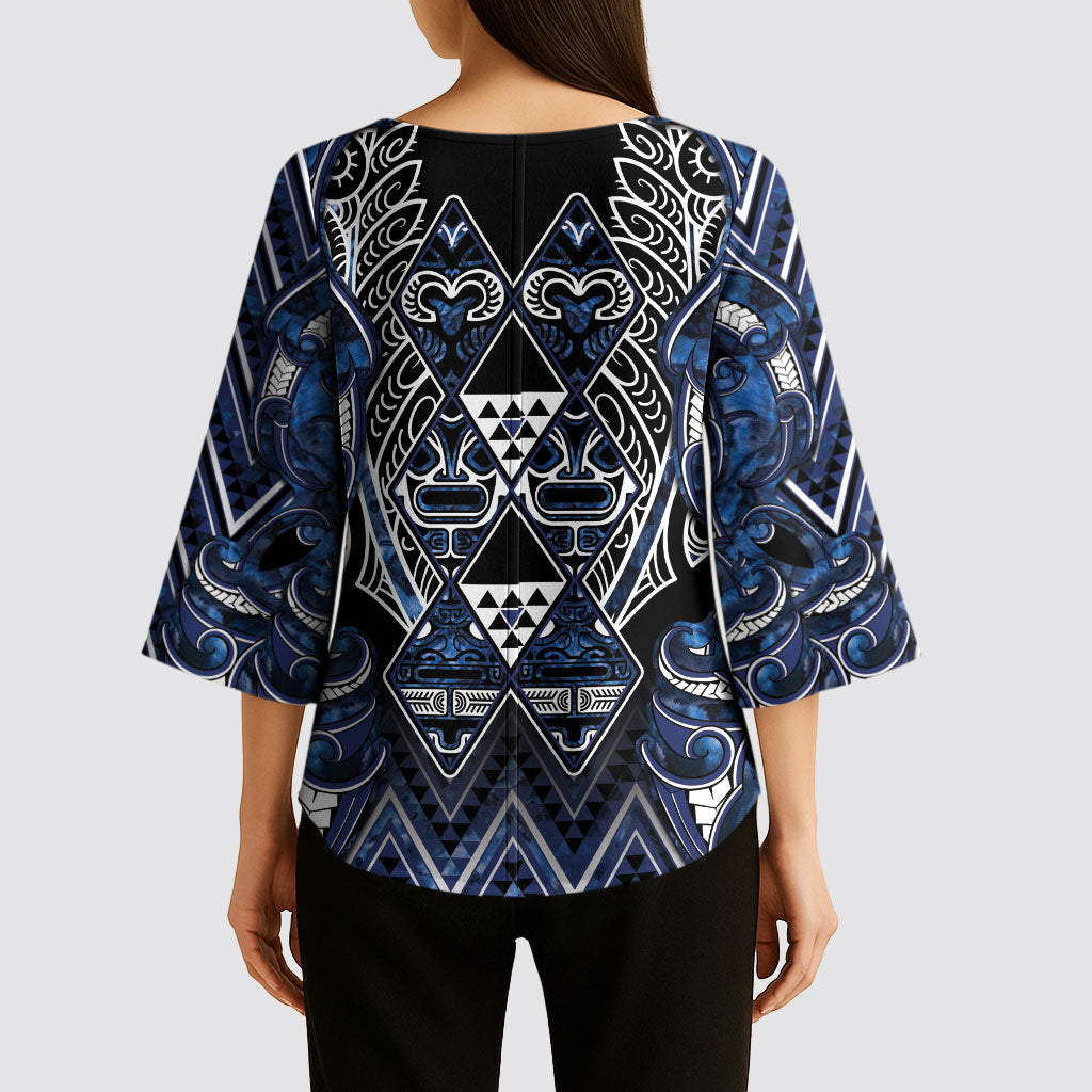Aotearoa Tuwharetoa Kimono Sleeve Blouse Maori Tribal Navy Paua Shell Pattern