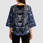 Aotearoa Tuwharetoa Kimono Sleeve Blouse Maori Tribal Navy Paua Shell Pattern