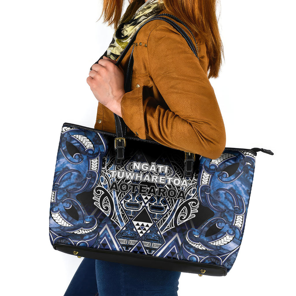 Aotearoa Tuwharetoa Leather Tote Bag Maori Tribal Navy Paua Shell Pattern