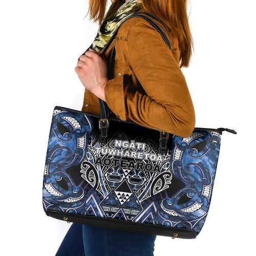 Aotearoa Tuwharetoa Leather Tote Bag Maori Tribal Navy Paua Shell Pattern