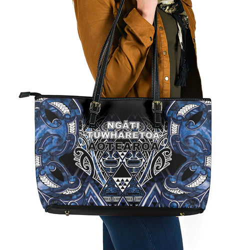 Aotearoa Tuwharetoa Leather Tote Bag Maori Tribal Navy Paua Shell Pattern