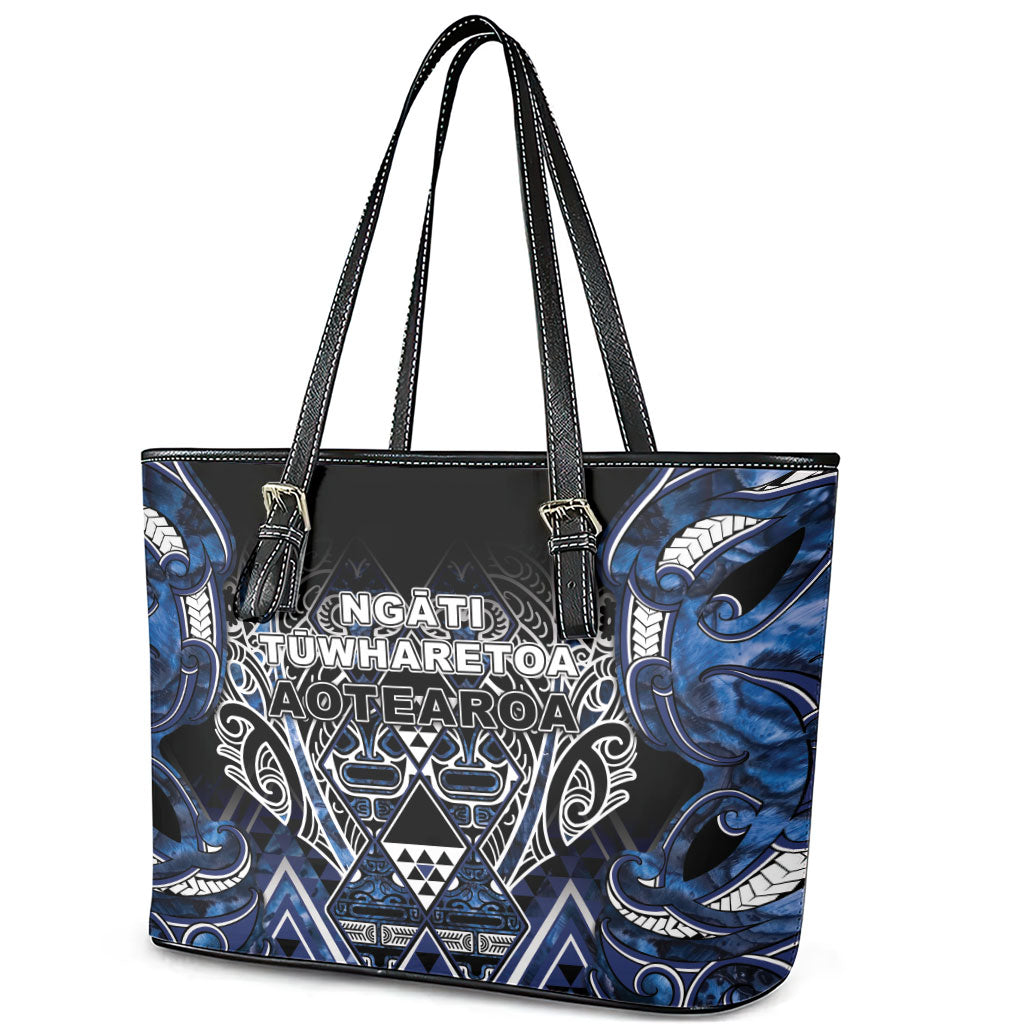 Aotearoa Tuwharetoa Leather Tote Bag Maori Tribal Navy Paua Shell Pattern