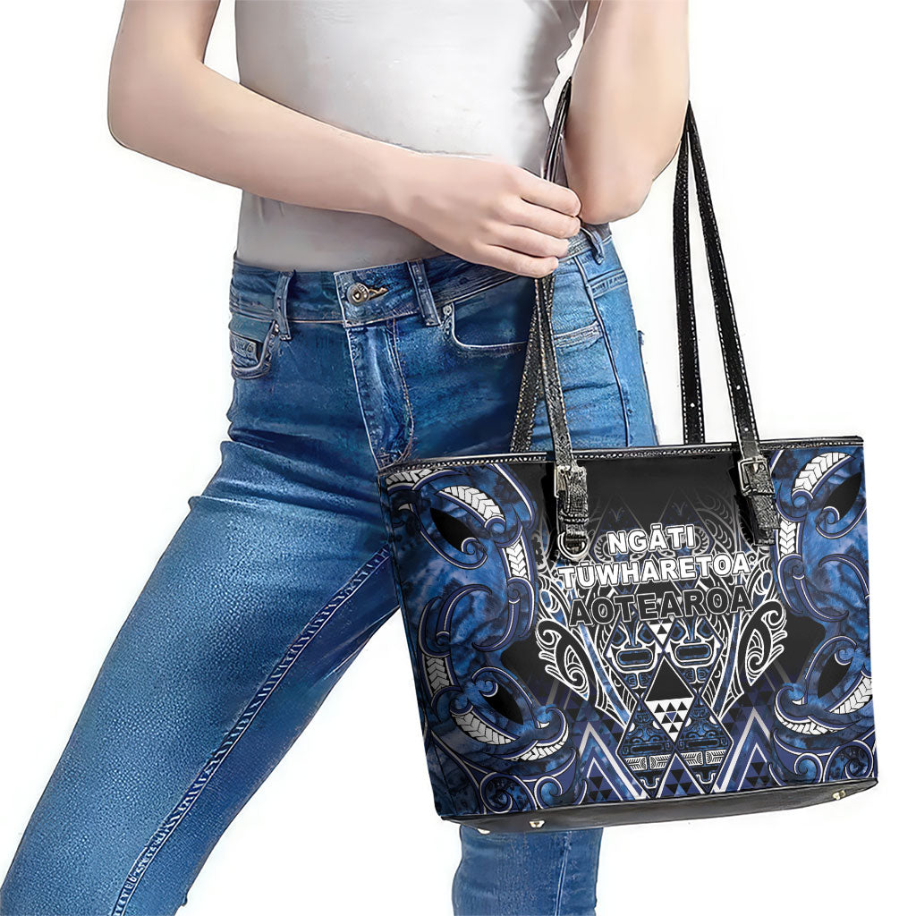 Aotearoa Tuwharetoa Leather Tote Bag Maori Tribal Navy Paua Shell Pattern