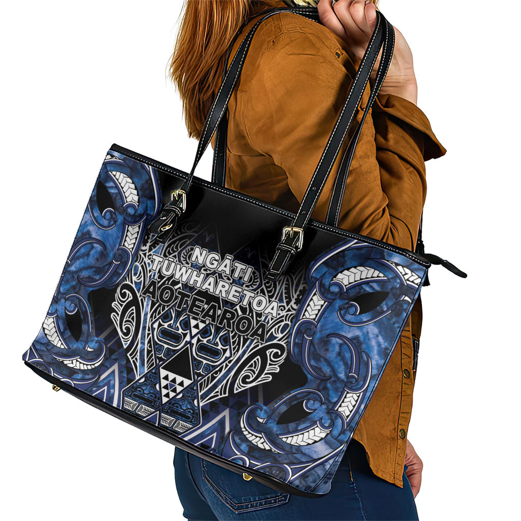 Aotearoa Tuwharetoa Leather Tote Bag Maori Tribal Navy Paua Shell Pattern