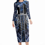 Aotearoa Tuwharetoa Long Sleeve Bodycon Dress Maori Tribal Navy Paua Shell Pattern