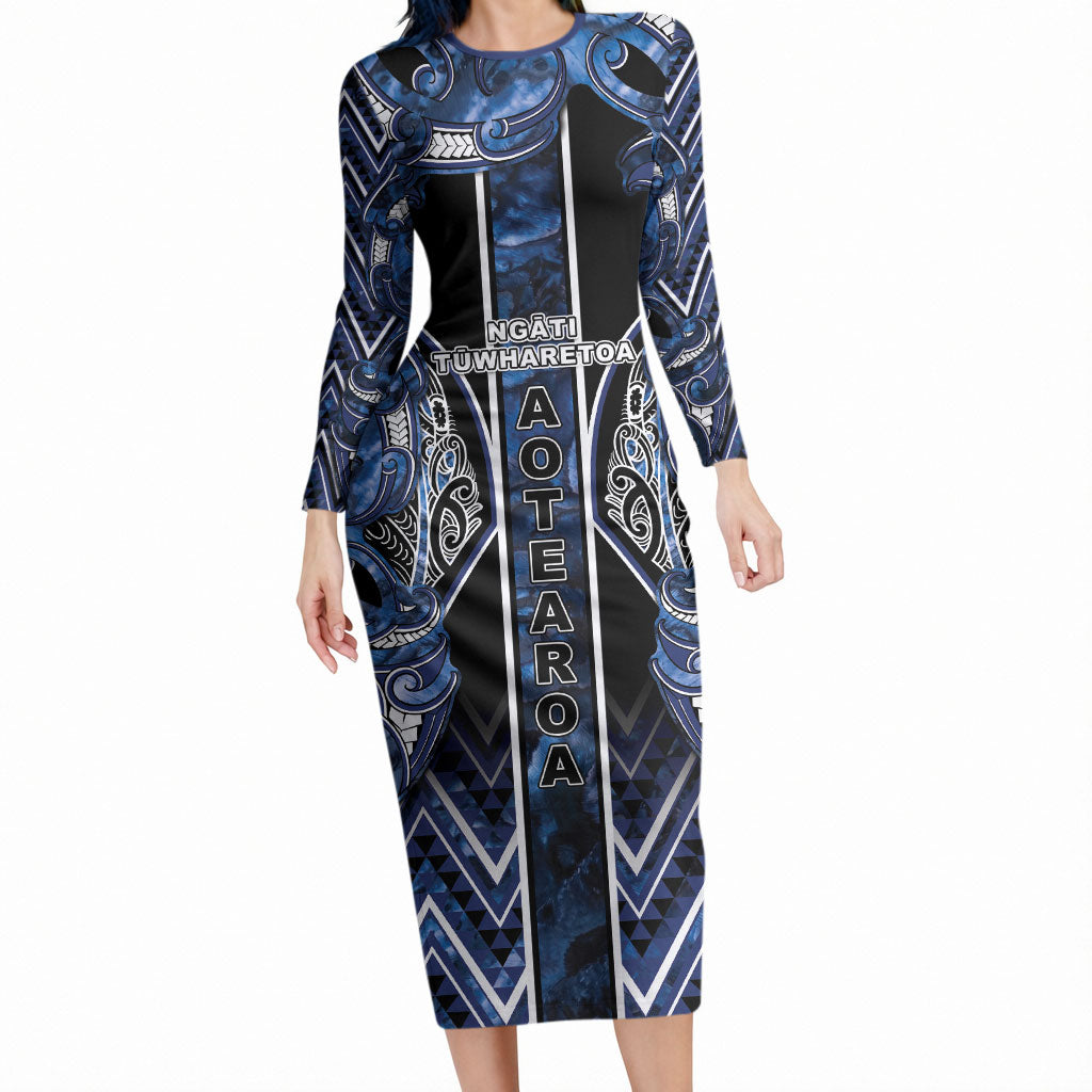 Aotearoa Tuwharetoa Long Sleeve Bodycon Dress Maori Tribal Navy Paua Shell Pattern