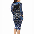 Aotearoa Tuwharetoa Long Sleeve Bodycon Dress Maori Tribal Navy Paua Shell Pattern