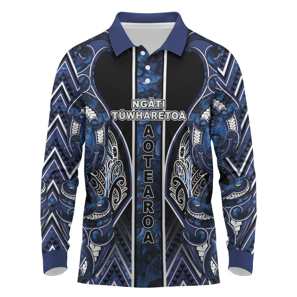 Aotearoa Tuwharetoa Long Sleeve Polo Shirt Maori Tribal Navy Paua Shell Pattern