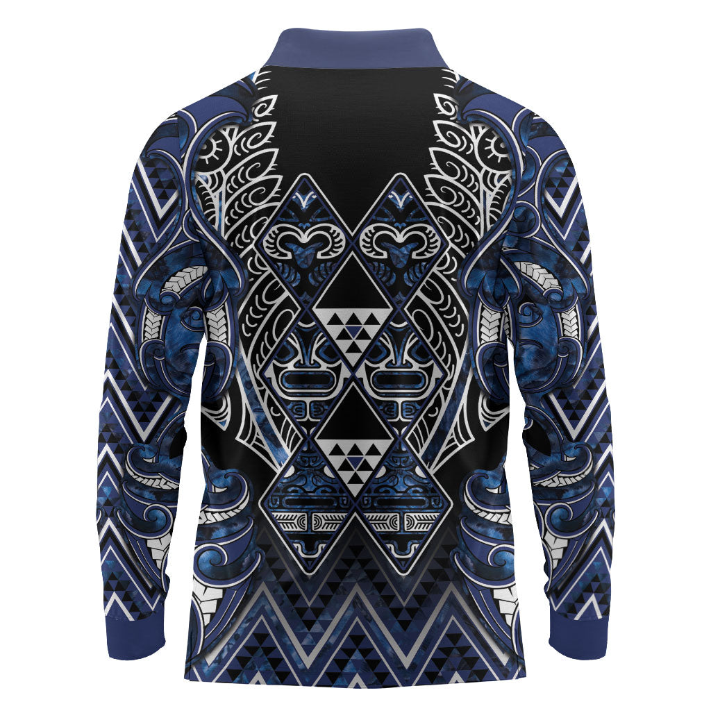 Aotearoa Tuwharetoa Long Sleeve Polo Shirt Maori Tribal Navy Paua Shell Pattern