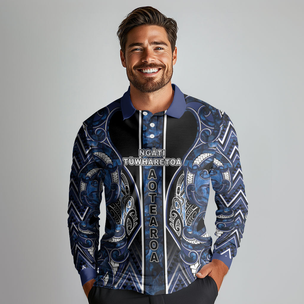 Aotearoa Tuwharetoa Long Sleeve Polo Shirt Maori Tribal Navy Paua Shell Pattern
