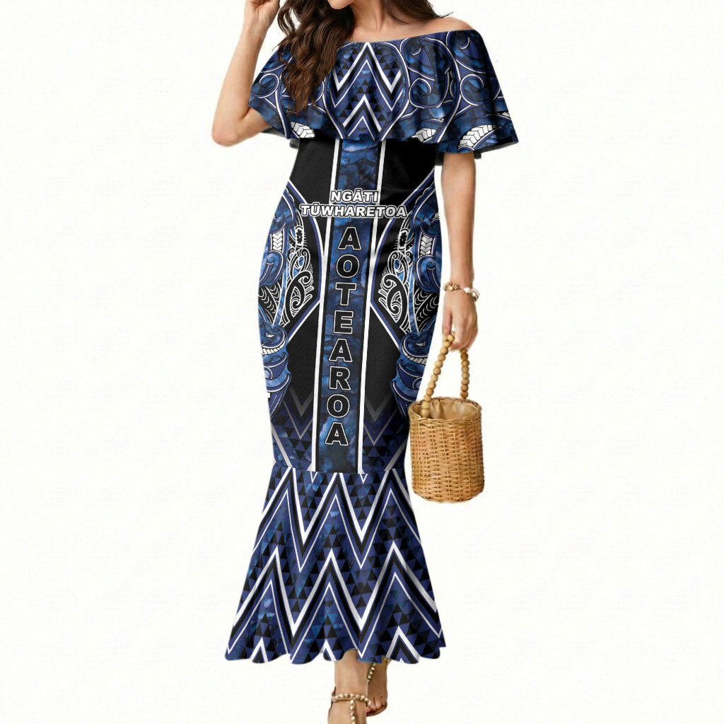 Aotearoa Tuwharetoa Mermaid Dress Maori Tribal Navy Paua Shell Pattern