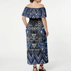 Aotearoa Tuwharetoa Off Shoulder Maxi Dress Maori Tribal Navy Paua Shell Pattern