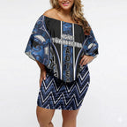 Aotearoa Tuwharetoa Off Shoulder Short Dress Maori Tribal Navy Paua Shell Pattern