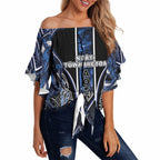 Aotearoa Tuwharetoa Off Shoulder Wrap Waist Top Maori Tribal Navy Paua Shell Pattern