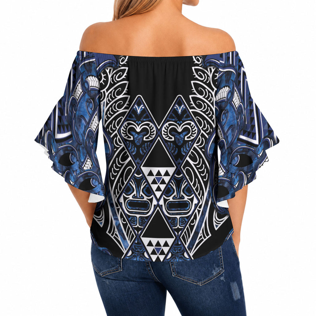 Aotearoa Tuwharetoa Off Shoulder Wrap Waist Top Maori Tribal Navy Paua Shell Pattern