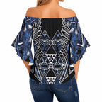 Aotearoa Tuwharetoa Off Shoulder Wrap Waist Top Maori Tribal Navy Paua Shell Pattern