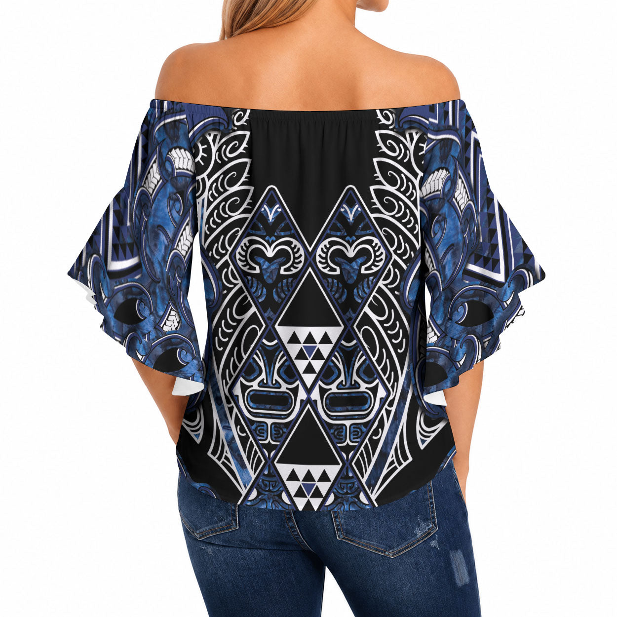 Aotearoa Tuwharetoa Off Shoulder Wrap Waist Top Maori Tribal Navy Paua Shell Pattern